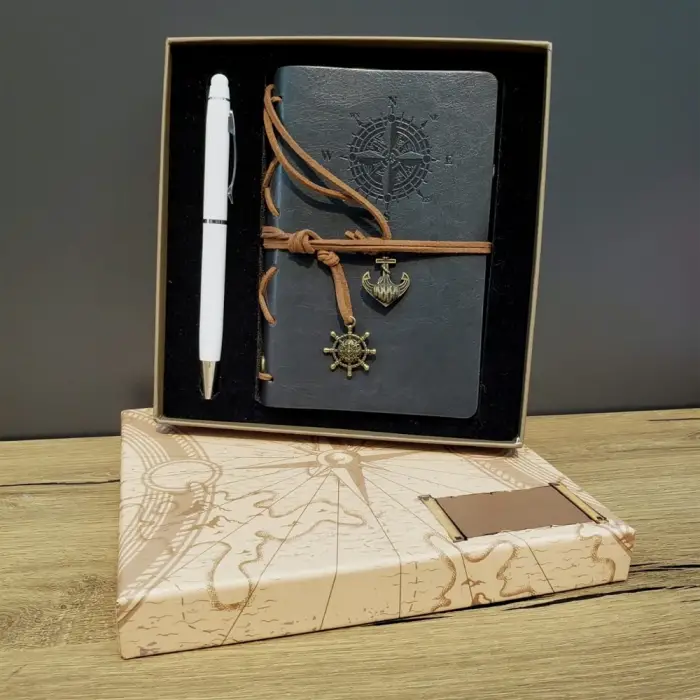 Deri Defter Ve Kalem Kutulu Set Gri