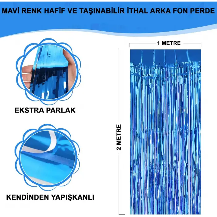 METAL Ekstra Metalize Mavi Renk Saçaklı Arka Fon Perde 1x2 metre
