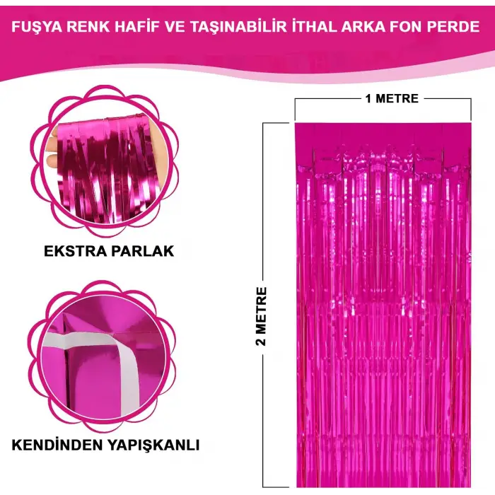 METAL Ekstra Metalize Parlak Saçaklı Arka Fon Perde Fuşya