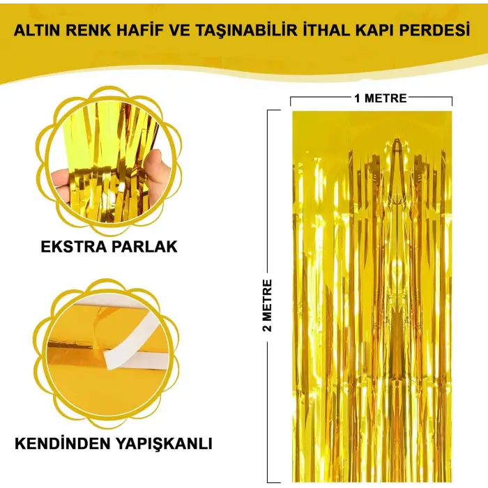METAL Ekstra Metalize Parlak Saçaklı Arka Fon Perde Gold