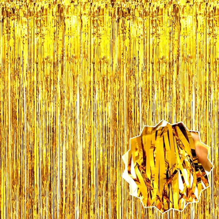 METAL Ekstra Metalize Parlak Saçaklı Arka Fon Perde Gold