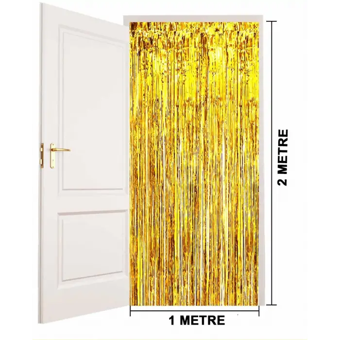METAL Ekstra Metalize Parlak Saçaklı Arka Fon Perde Gold