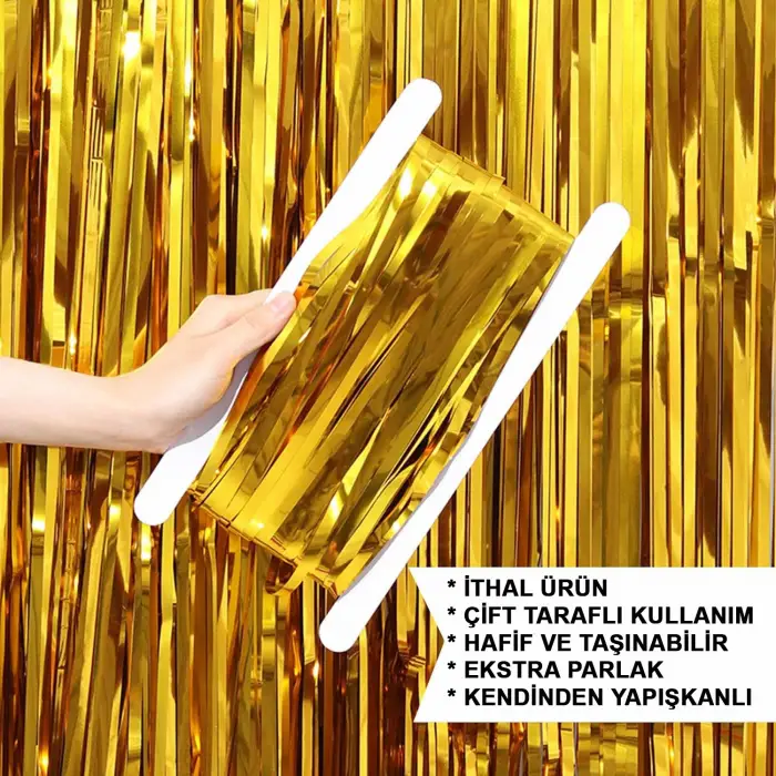 METAL Ekstra Metalize Parlak Saçaklı Arka Fon Perde Gold