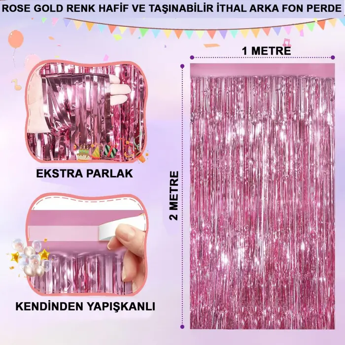 METAL Ekstra Metalize Parlak Saçaklı Arka Fon Perde Rose Gold