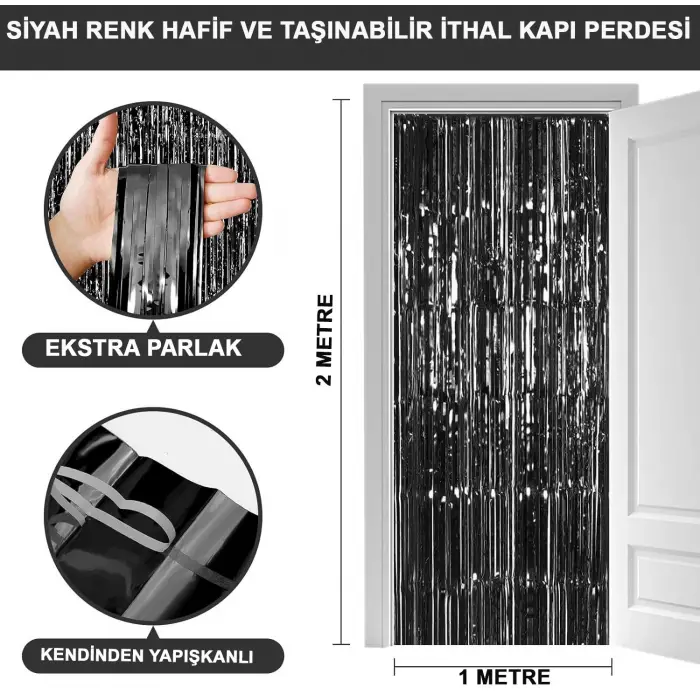 METAL Ekstra Metalize Parlak Saçaklı Arka Fon Perde Siyah