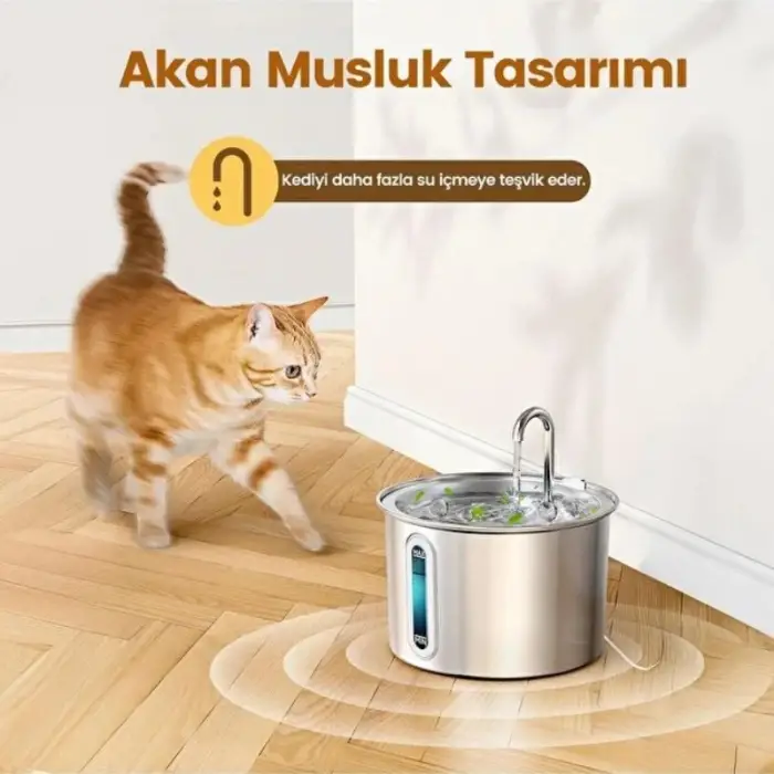 Kullanıma Uygun Evcil Hayvan Su Pınarı Paslanmaz Çelik 2.2 Litre Kapasite