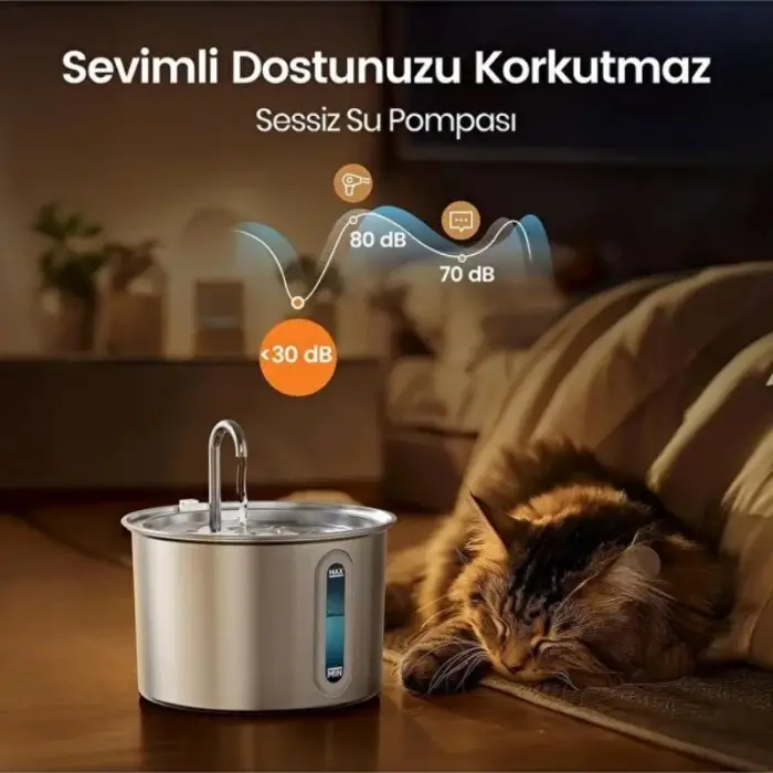 Kullanıma Uygun Evcil Hayvan Su Pınarı Paslanmaz Çelik 2.2 Litre Kapasite