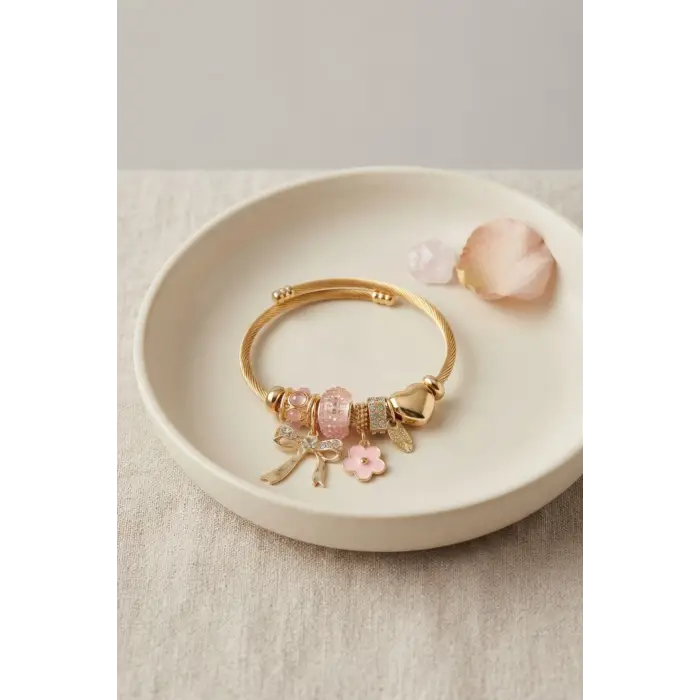 Bileklik Fiyonk Charmlı Pembe Renk Gold