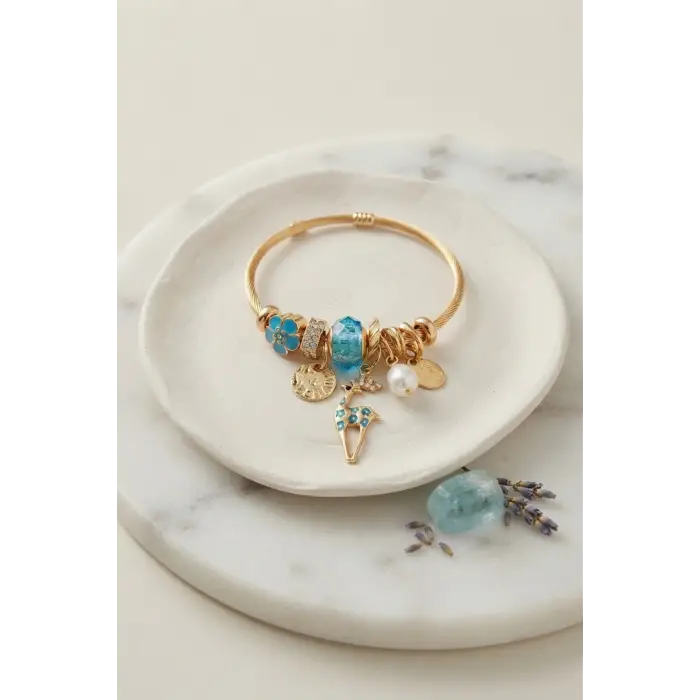 Bileklik Geyik Model Gold Renk Mavi Charmlı
