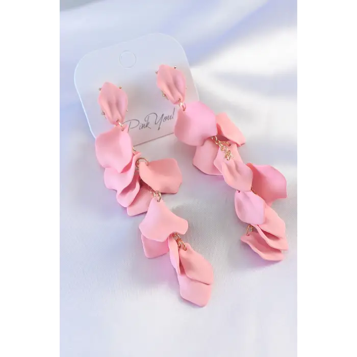 Kadın Küpe Gold Renk Pembe Yaprak Model