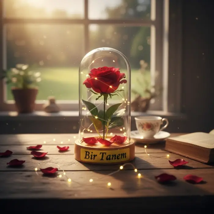10 x 18 cm 1 adet Kullanıma Uygun Gül Yapraklı Ledli Gül Fanus