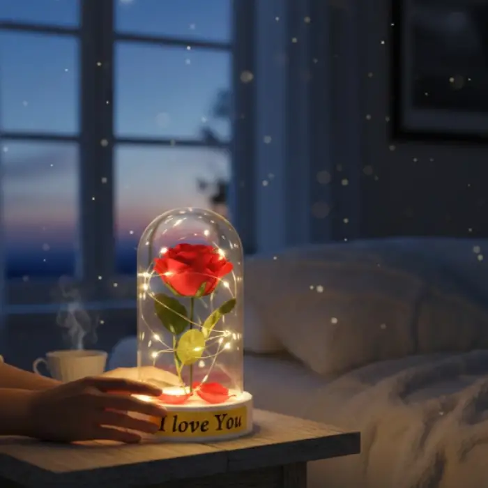 10 x 18 cm 1 adet Kullanıma Uygun Gül Yapraklı Ledli Gül Fanus