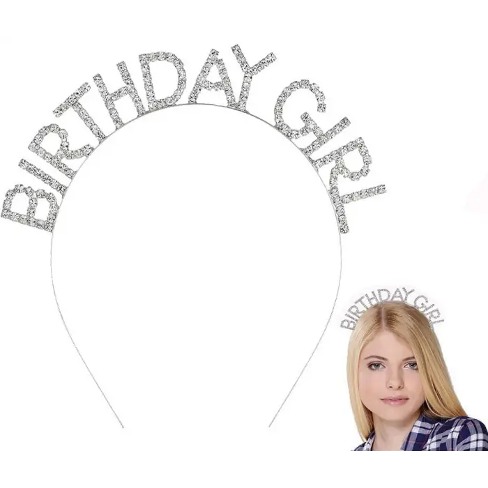 Metal Gümüş Kristal Taşlı Birthday Girl Tacı