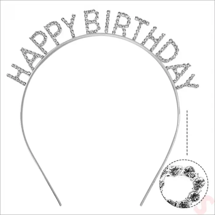 Kullanıma Uygun Gümüş Kristal Taşlı Happy Birthday Tacı