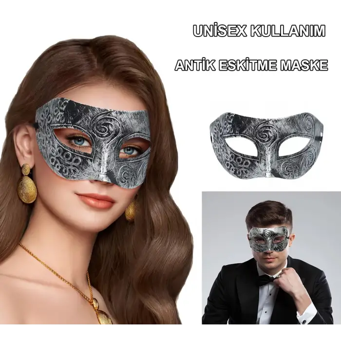 Kullanıma Uygun Gümüş Renk Antik Tarz Balo Maskesi