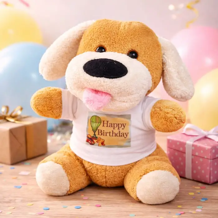 25 cm pembe Kullanıma Uygun Happy Birthday Tişörtlü Peluş Köpek