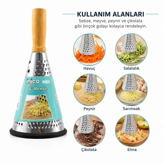 Kullanıma Uygun Huni tasarım Rende 3 Bölümlü Paslanmaz Çelik Ahşap Bambu Saplı Silikon Taban