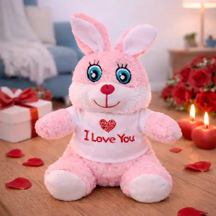 Kullanıma Uygun I Love You Tişörtlü Sevimli Pembe Peluş Tavşan