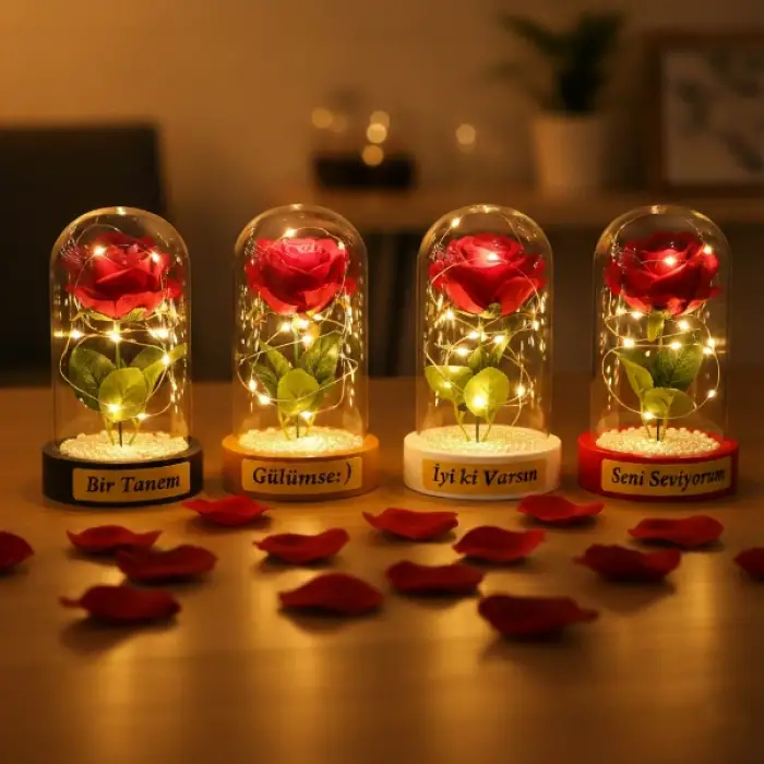 10 x 18 cm Kullanıma Uygun İncili Ledli Gül Fanus