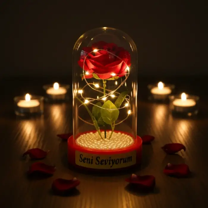 10 x 18 cm Kullanıma Uygun İncili Ledli Gül Fanus