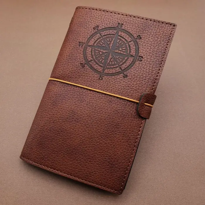 20 Cm Suni Deri Kareli Defter Kahverengi Pusula Temalı Deri