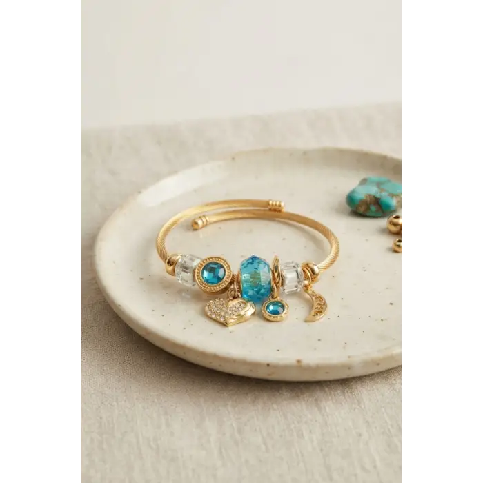 Bileklik Kalp Model Gold Renk Mavi Charmlı