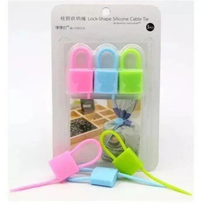 Kullanıma Uygun Kilit Şeklinde Silikon Kablo ve Poşet Bağlama Aparatı (3lü Set)