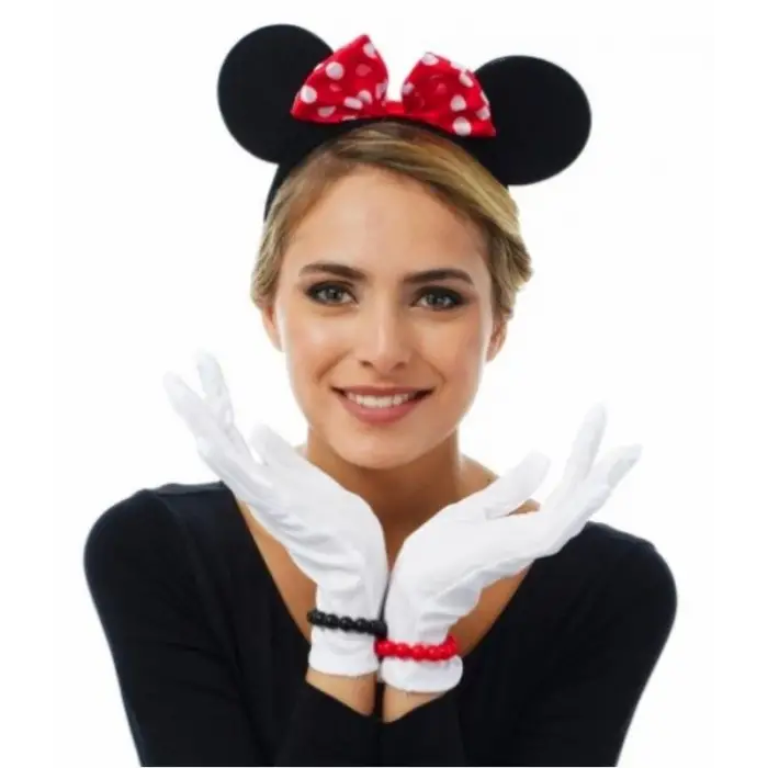 Kullanıma Uygun Kırmızı Fiyonklu Minnie Mouse Tacı ve Beyaz Eldiven Seti