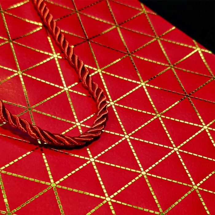 Kullanıma Uygun Kırmızı Geometrik Desenli büyük Karton Hediye Çantası