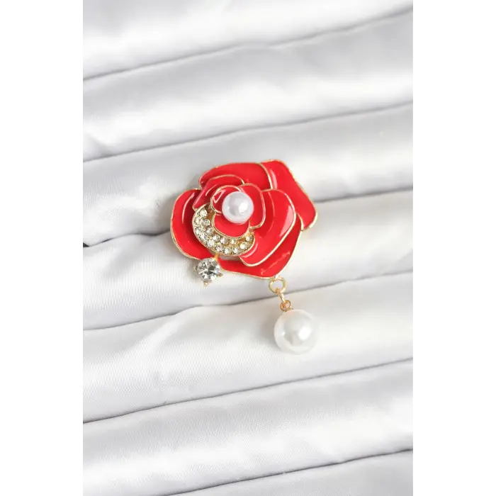 Pirinç Kırmızı Gül İncili tasarım Broş