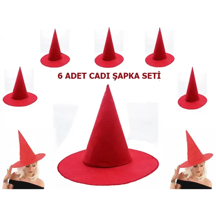 Cadı Şapkası Kırmızı Keçe Yetişkin Çocuk Uyumlu