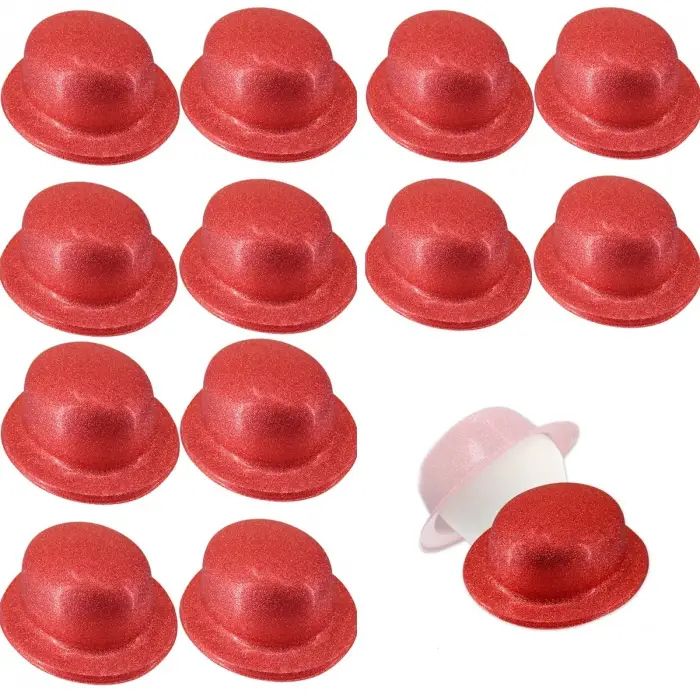 12 Adet Kırmızı Renk Simli Melon Yuvarlak Parti Şapkası
