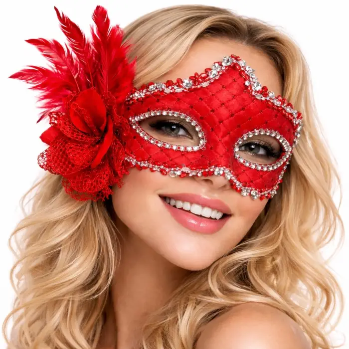 Maske Kırmızı Tüylü Venedik Lüks Balo si