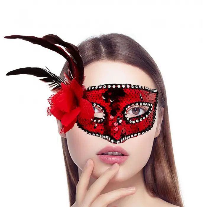 Maske Kırmızı Yandan Tüylü Güllü Taşlı Pullu