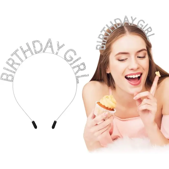 Kullanıma Uygun Kristal Taşlı Gümüş Birthday Girl Parti Tacı