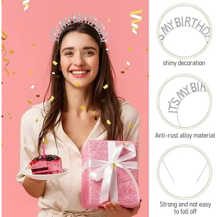 Metal Kristal Taşlı Gümüş Renk Doğum Günü Tacı