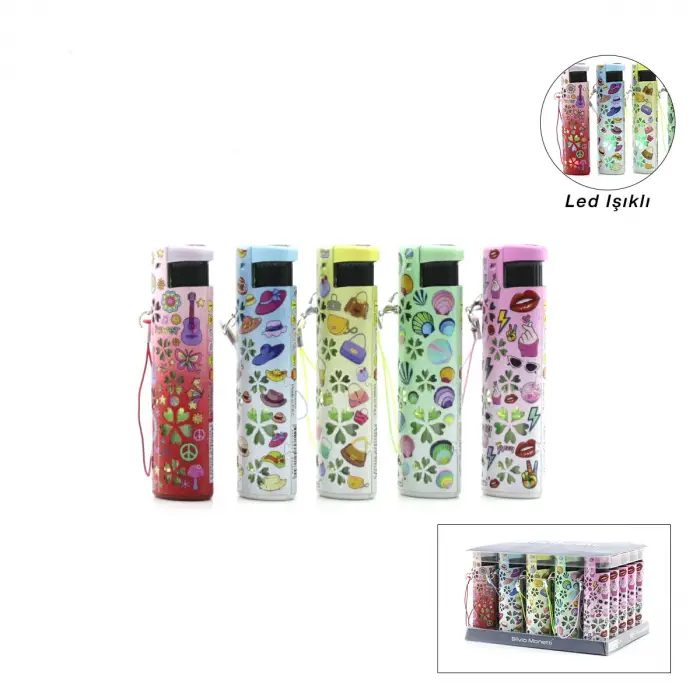 Plastik LED Işıklı Rüzgar Çakmağı Karışık Desenli İpli