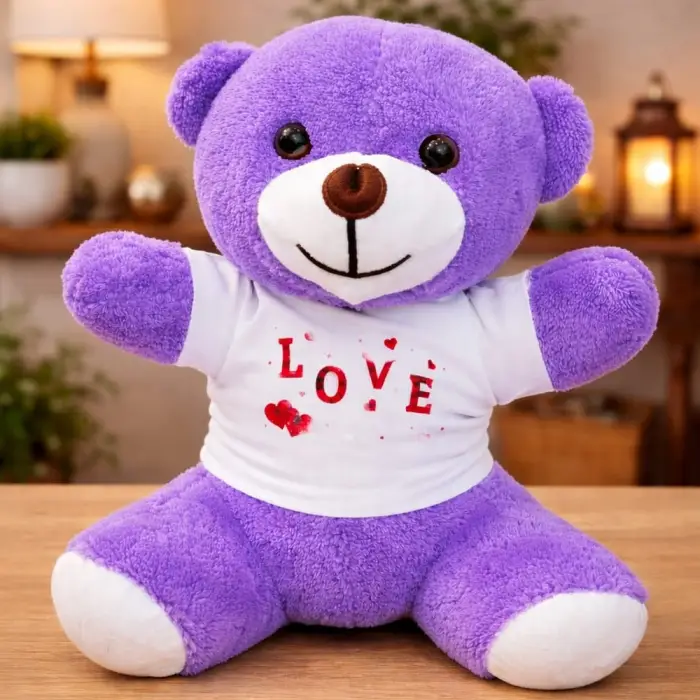 Kullanıma Uygun Love Baskılı Tişörtlü Peluş Mor Ayıcık