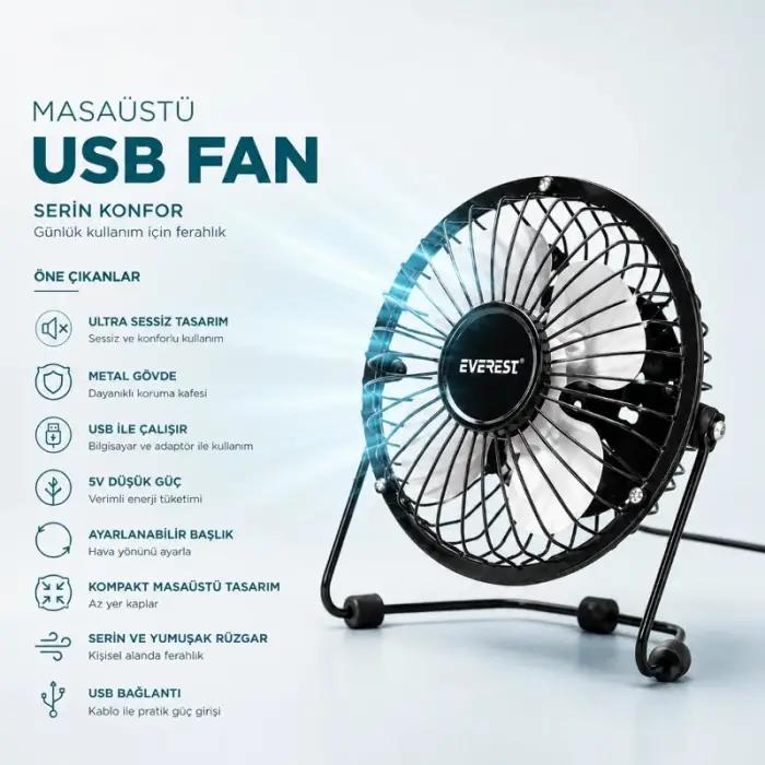 Kullanıma Uygun Masaüstü Mini USB Fan Metal Gövdeli Ultra Sessiz