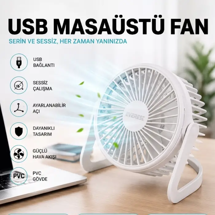 Kullanıma Uygun Masaüstü Mini USB Fan PVC Gövdeli 360° ayarlı