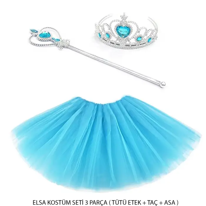 Kostüm Seti Mavi Prenses Elsa 3 Parça (Tütü Etek + Taç + Asa )