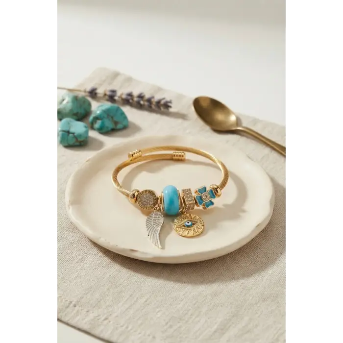 Bileklik Mavi Renk Göz Model Gold Charmlı
