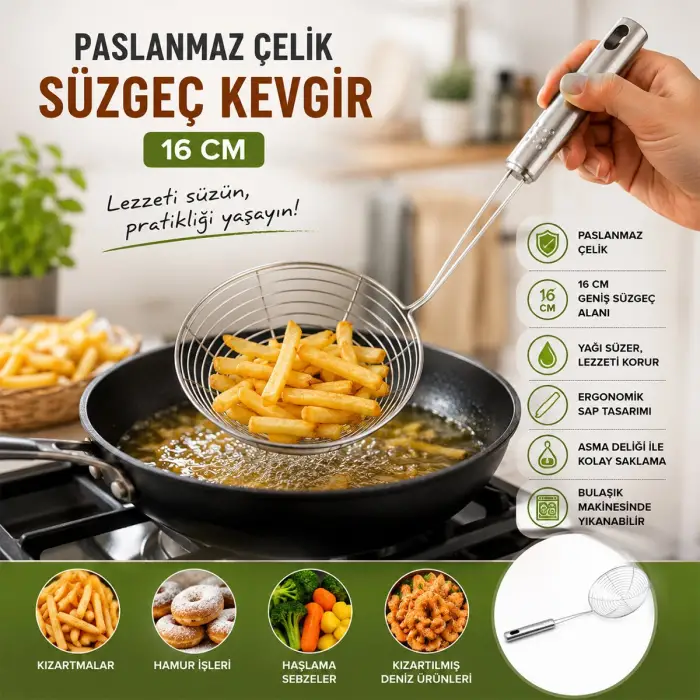 16 cm Ölçülü Metal Kevgir Paslanmaz Çelik