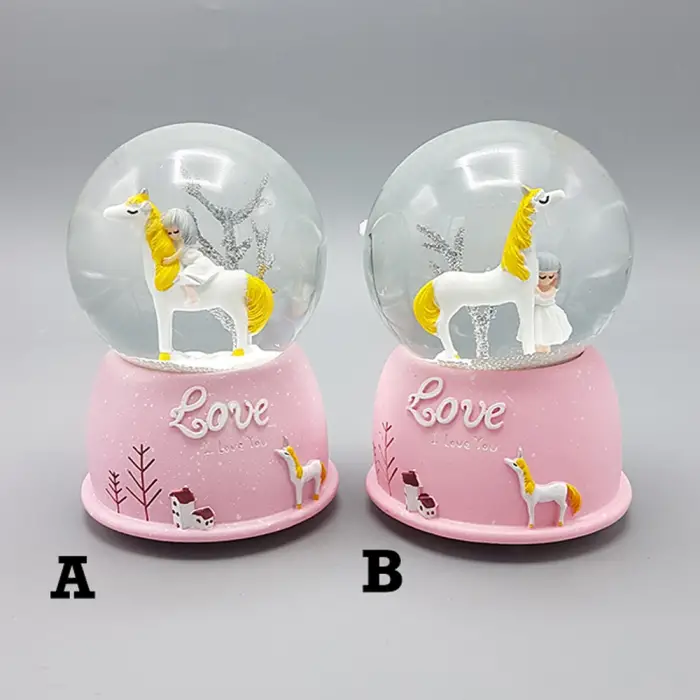 Kar Küresi Mini Pembe Sevimli Unicorn ve Kız Tasarımlı Işıklı