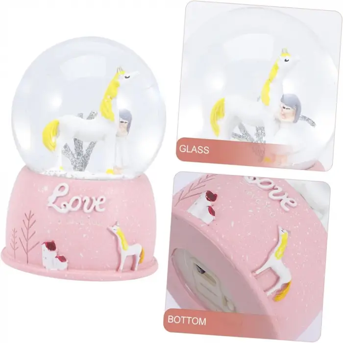 Kar Küresi Mini Pembe Sevimli Unicorn ve Kız Tasarımlı Işıklı