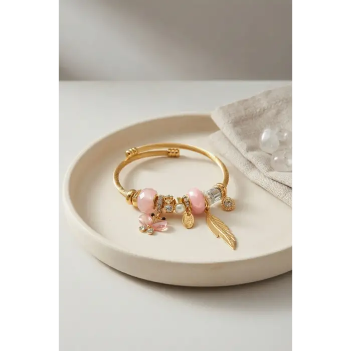 Bileklik Model Gold Renk Pembe Charmlı