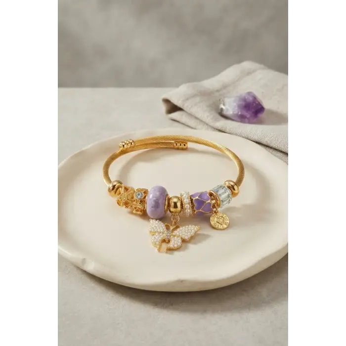 Bileklik Mor Model Gold Renk Charmlı