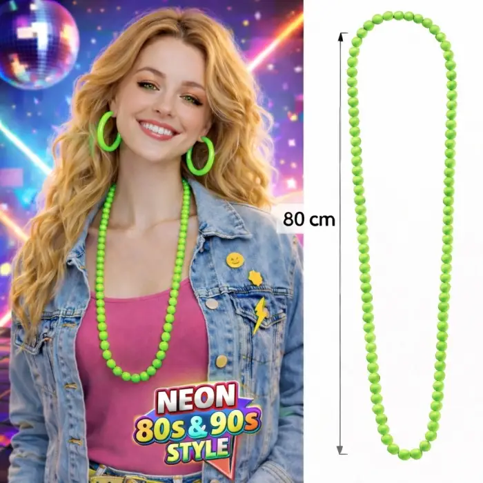 Kolye Neon Yeşil Boncuk 80 cm Retro 80’ler 90’lar Parti Aksesuarı