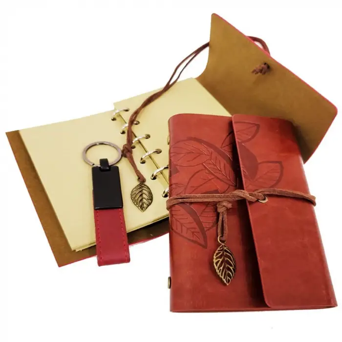 Defter Özel Ahşap Kutulu Kiremit Rengi Deri ve Anahtarlık Set