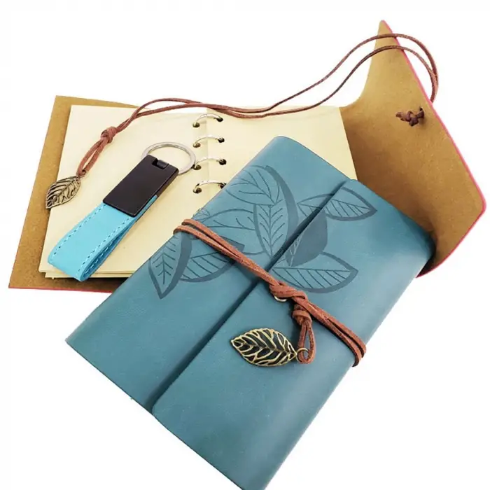 Defter Özel Ahşap Kutulu Mavi Deri ve Anahtarlık Seti